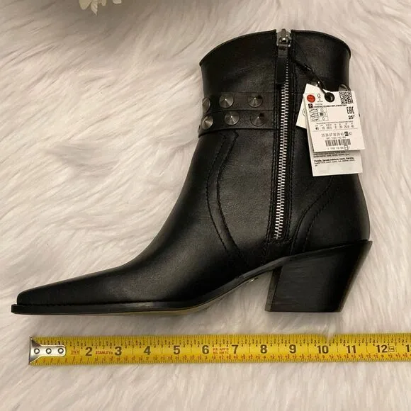 Zara Black Leather Strap Cowboy Comfortable Block Heel Ankle Boots Size 10