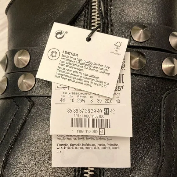 Zara Black Leather Strap Cowboy Comfortable Block Heel Ankle Boots Size 10