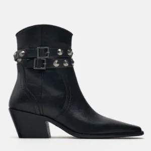 Zara Black Leather Strap Cowboy Comfortable Block Heel Ankle Boots Size 10