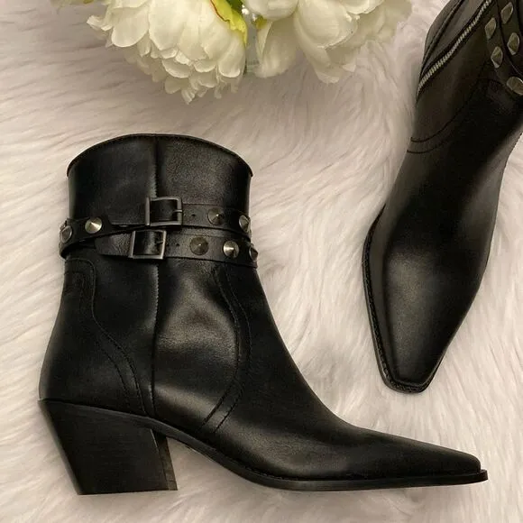 Zara Black Leather Strap Cowboy Comfortable Block Heel Ankle Boots Size 10