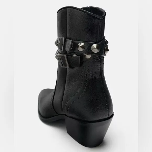 Zara Black Leather Strap Cowboy Comfortable Block Heel Ankle Boots Size 10