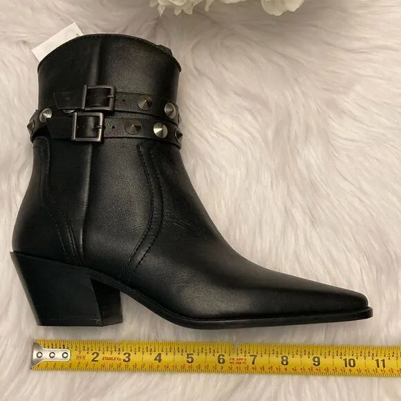 Zara Black Leather Strap Cowboy Comfortable Block Heel Ankle Boots Size 8