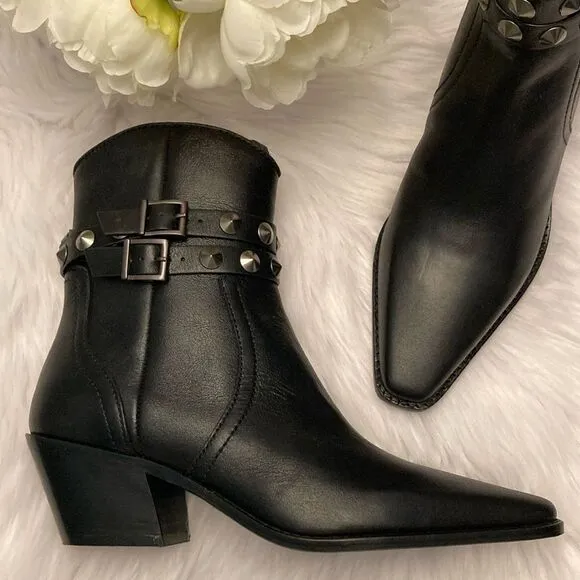 Zara Black Leather Strap Cowboy Comfortable Block Heel Ankle Boots Size 8