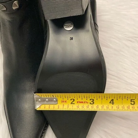 Zara Black Leather Strap Cowboy Comfortable Block Heel Ankle Boots Size 8