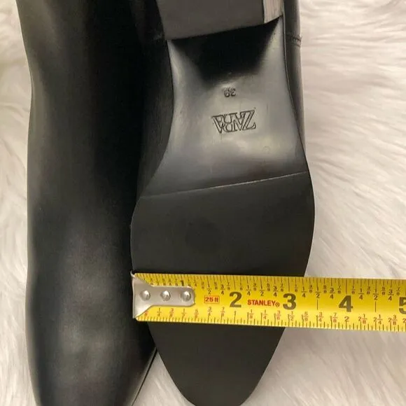 Zara Black Leather Cowboy Comfortable Block Heel Ankle Boots Size 8