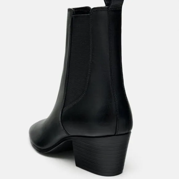 Zara Black Leather Cowboy Comfortable Block Heel Ankle Boots Size 8