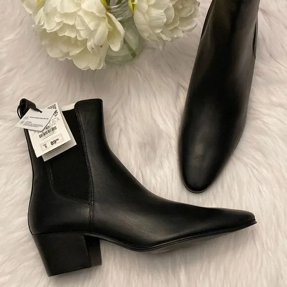 Zara Black Leather Cowboy Comfortable Block Heel Ankle Boots Size 8