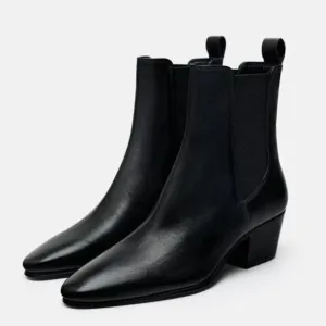 Zara Black Leather Cowboy Comfortable Block Heel Ankle Boots Size 8