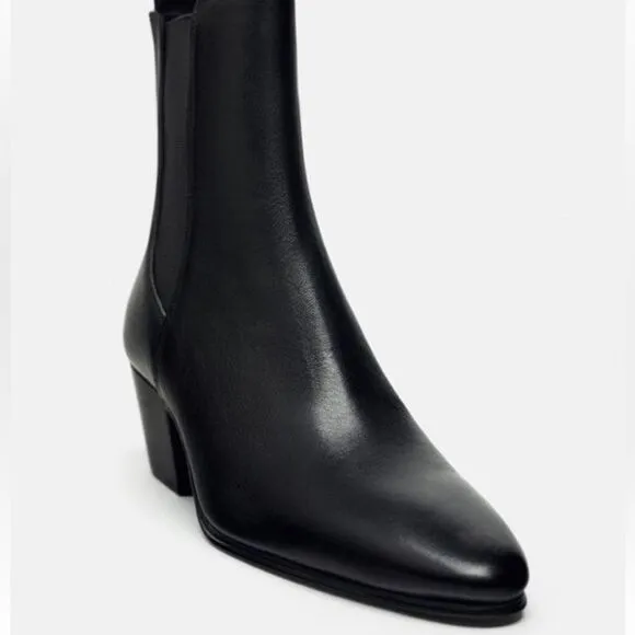 Zara Black Leather Cowboy Comfortable Block Heel Ankle Boots Size 8