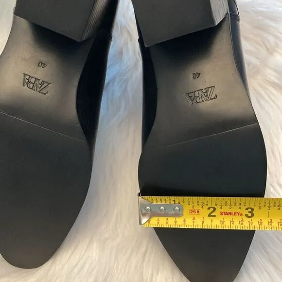 Zara Black Leather Cowboy Comfortable Block Heel Ankle Boots Size 9