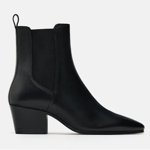 Zara Black Leather Cowboy Comfortable Block Heel Ankle Boots Size 9