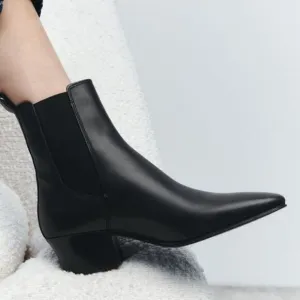 Zara Black Leather Cowboy Comfortable Block Heel Ankle Boots Size 9