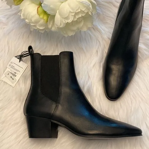 Zara Black Leather Cowboy Comfortable Block Heel Ankle Boots Size 9