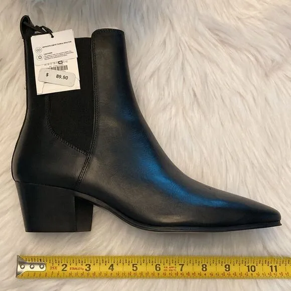 Zara Black Leather Cowboy Comfortable Block Heel Ankle Boots Size 9