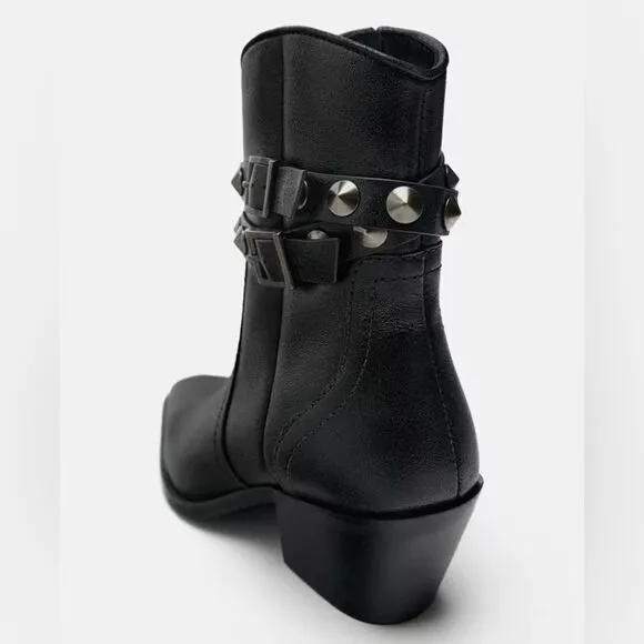 Zara Black Leather Strap Cowboy Comfortable Block Heel Ankle Boots Size 10