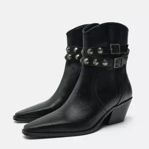 Zara Black Leather Strap Cowboy Comfortable Block Heel Ankle Boots Size 8