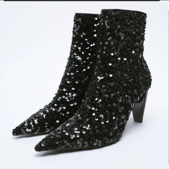 Zara Black Sequin Ankle Boots US 6.5