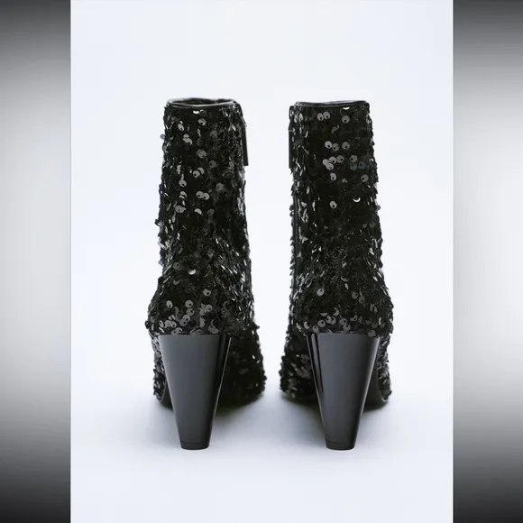 Zara Black Sequin Ankle Boots US 6.5