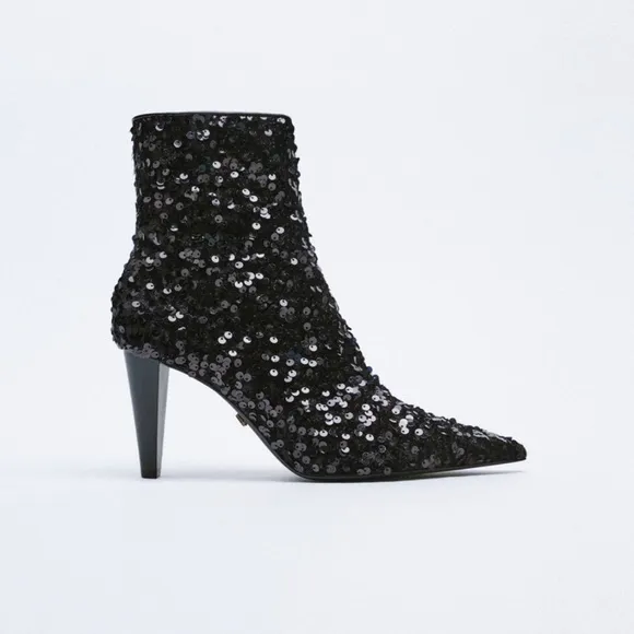 Zara Black Sequin Ankle Boots US 6.5