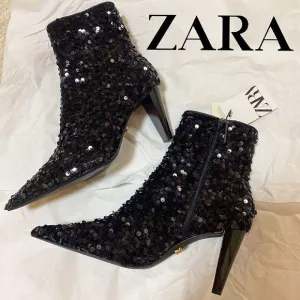 Zara Black Sequin Ankle Boots US 6.5
