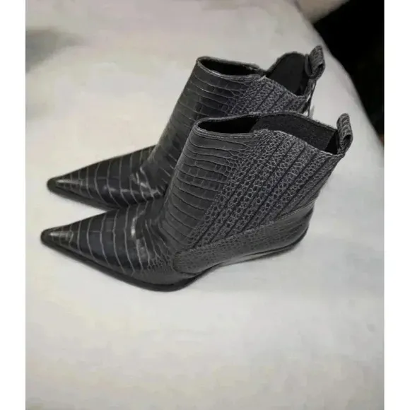 Zara Dark Grey Animal Print Mock Croc Cowboy Ankle Boots UK5 EU38 US7.5