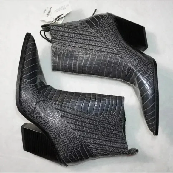 Zara Dark Grey Animal Print Mock Croc Cowboy Ankle Boots UK5 EU38 US7.5