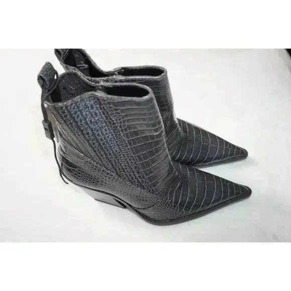 Zara Dark Grey Animal Print Mock Croc Cowboy Ankle Boots UK5 EU38 US7.5
