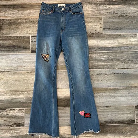 Zara Denim Jeans, Upcycled Sexy Patches, High Waisted, Flare Leg, Curvy Fit 36