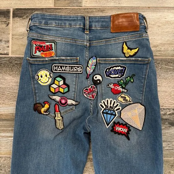 Zara Denim Jeans, Upcycled Sexy Patches, High Waisted, Flare Leg, Curvy Fit 36