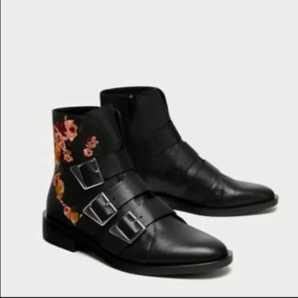 Zara Embroidered Floral Leather Boots