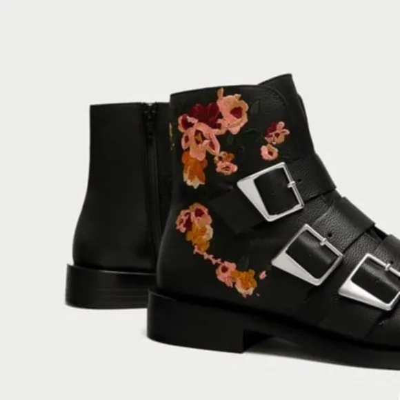 Zara Embroidered Floral Leather Boots