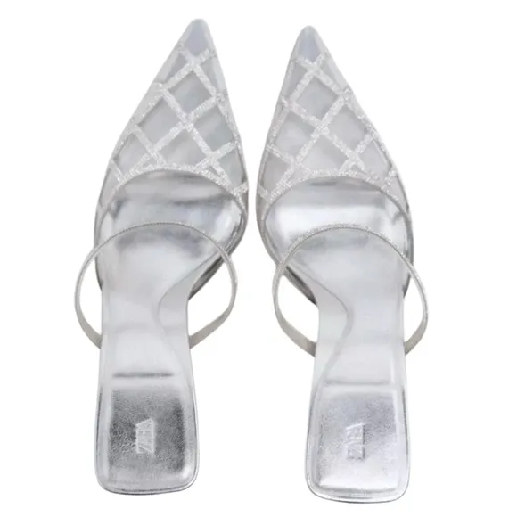 ZARA • Rhinestone Heeled Mules Shoes