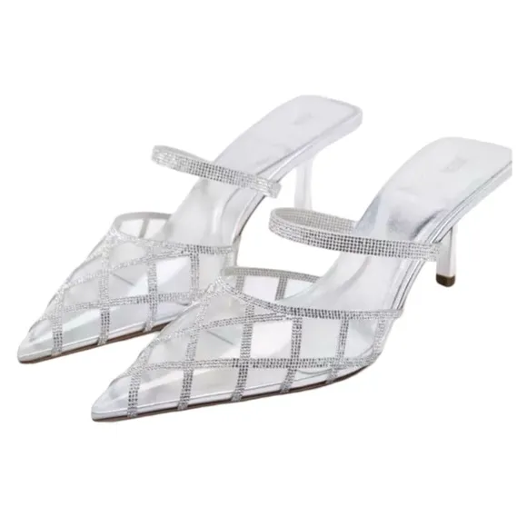 ZARA • Rhinestone Heeled Mules Shoes
