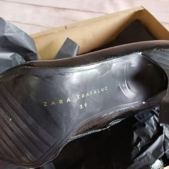 ZARA Trafaluc Black Crackled Patent Zipper Ankle Boots Pointy Toe Stiletto Vegan
