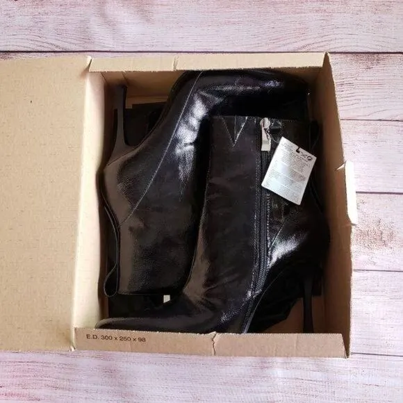 ZARA Trafaluc Black Crackled Patent Zipper Ankle Boots Pointy Toe Stiletto Vegan