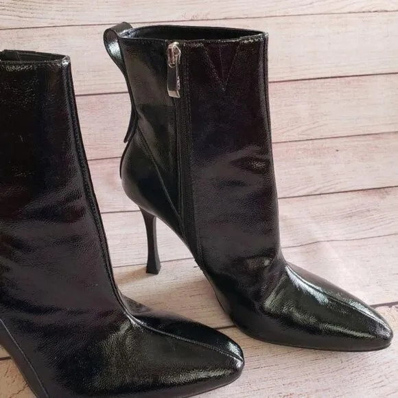ZARA Trafaluc Black Crackled Patent Zipper Ankle Boots Pointy Toe Stiletto Vegan