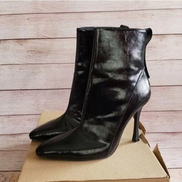 ZARA Trafaluc Black Crackled Patent Zipper Ankle Boots Pointy Toe Stiletto Vegan