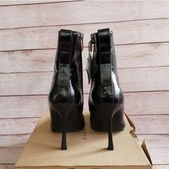 ZARA Trafaluc Black Crackled Patent Zipper Ankle Boots Pointy Toe Stiletto Vegan
