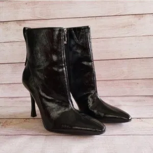 ZARA Trafaluc Black Crackled Patent Zipper Ankle Boots Pointy Toe Stiletto Vegan