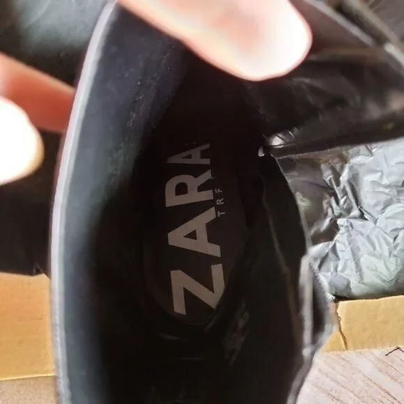ZARA Trafaluc Black Crackled Patent Zipper Ankle Boots Pointy Toe Stiletto Vegan