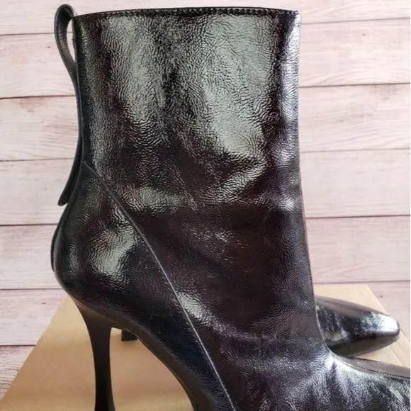 ZARA Trafaluc Black Crackled Patent Zipper Ankle Boots Pointy Toe Stiletto Vegan