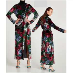 ZARA Velvet Floral Bohemian Kimono Wrap Maxi Length Evening Jacket Robe(S)