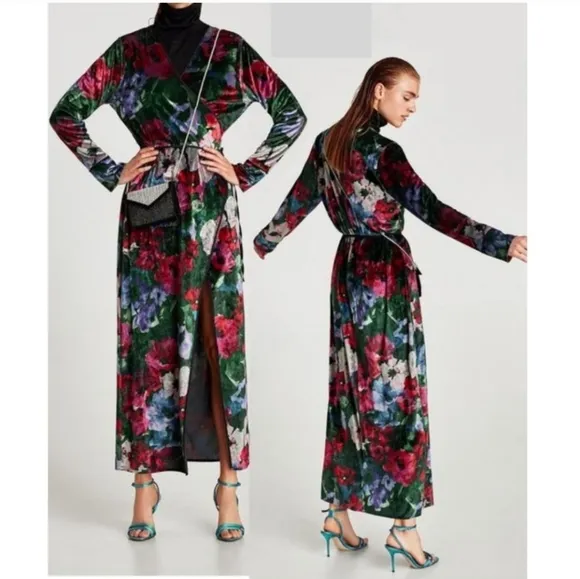 ZARA Velvet Floral Bohemian Kimono Wrap Maxi Length Evening Jacket Robe(S)