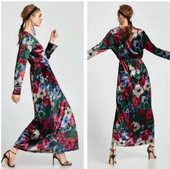ZARA Velvet Floral Bohemian Kimono Wrap Maxi Length Evening Jacket Robe(S)